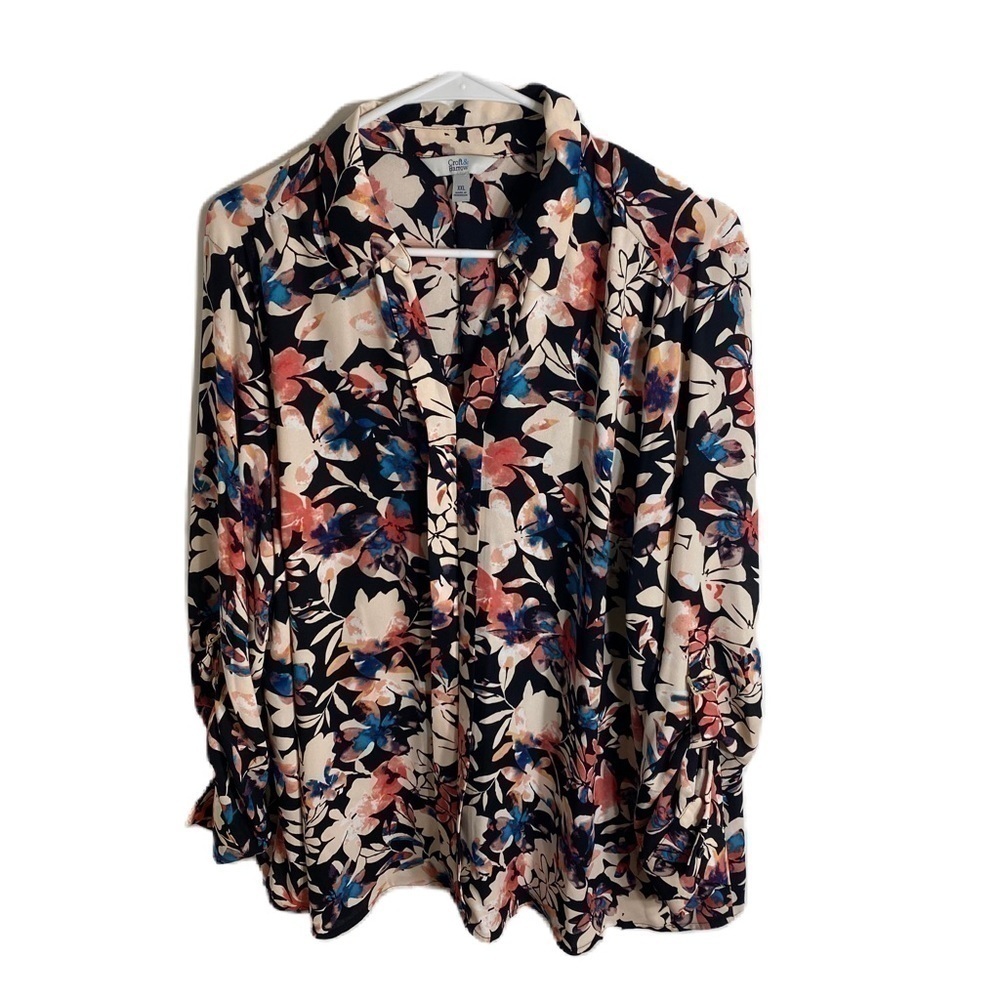 Croft & Barrow Floral Tunic Blouse XXL Career Black Cream Pink Collared Shirt